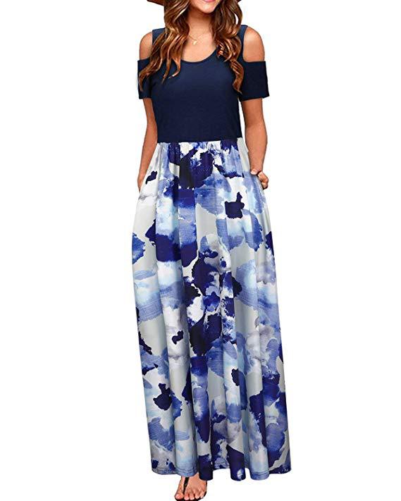 Round Neck Off-the-shoulder Color Printed Elegant Long Dresses