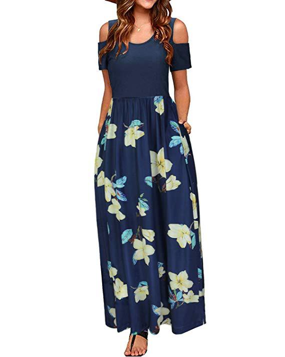 Round Neck Off-the-shoulder Color Printed Elegant Long Dresses