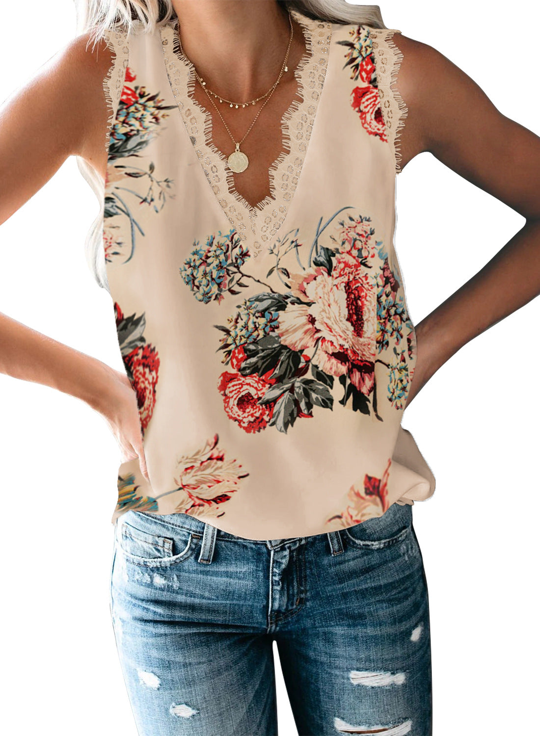 Women's Summer Solid Color V-neck Lace Sleeveless Blouses