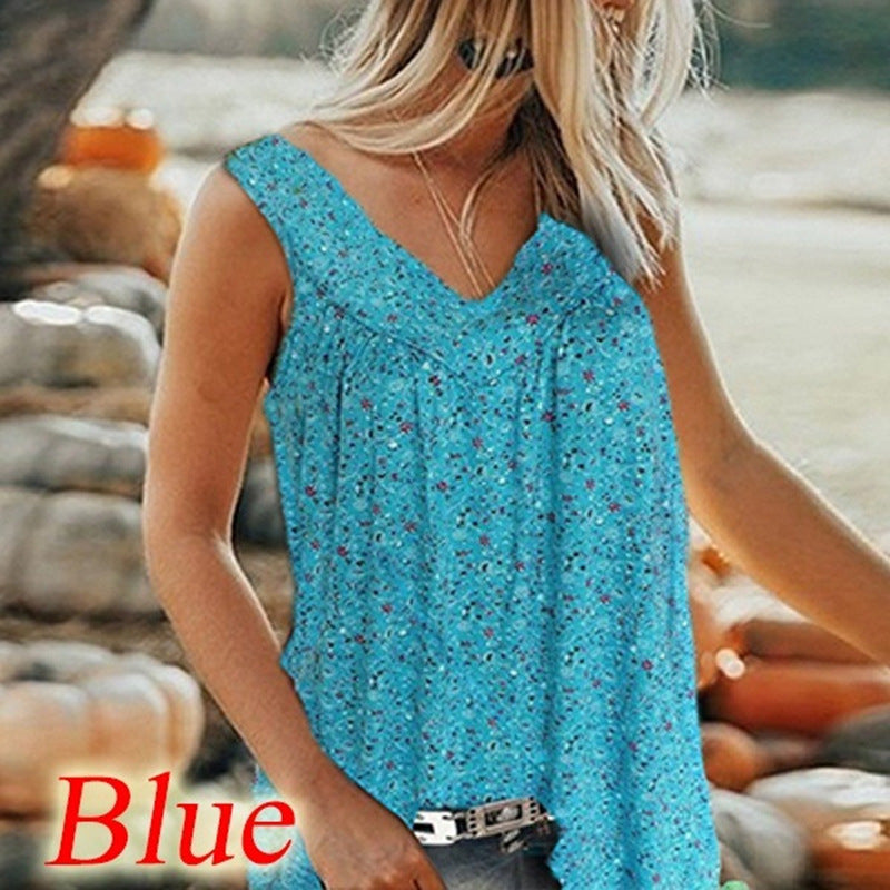 Women's Summer Sleeveless Printed Floral V-neck Casual Blouses