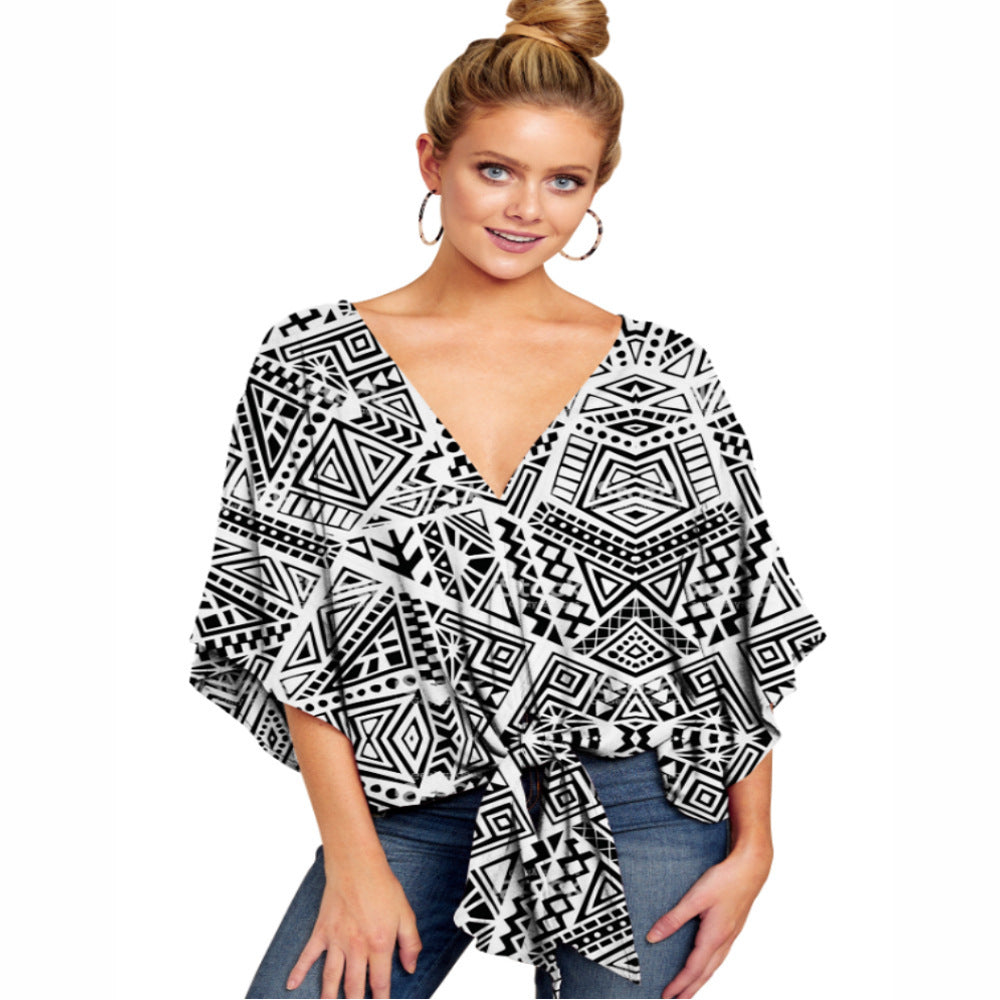 Women's Unique V-neck Short-sleeved Knotted Printed Blouses