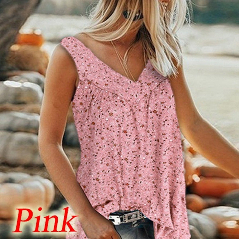 Women's Summer Sleeveless Printed Floral V-neck Casual Blouses