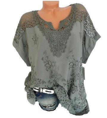 Women's Fashion Wear Lace V-neck Embroidery Sleeve Batwing Blouses