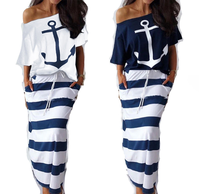 Classy Navy Casual Printed Short-sleeved T-shirt Skirts