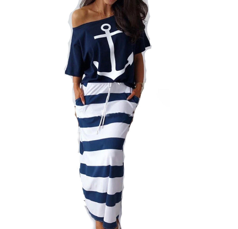 Classy Navy Casual Printed Short-sleeved T-shirt Skirts