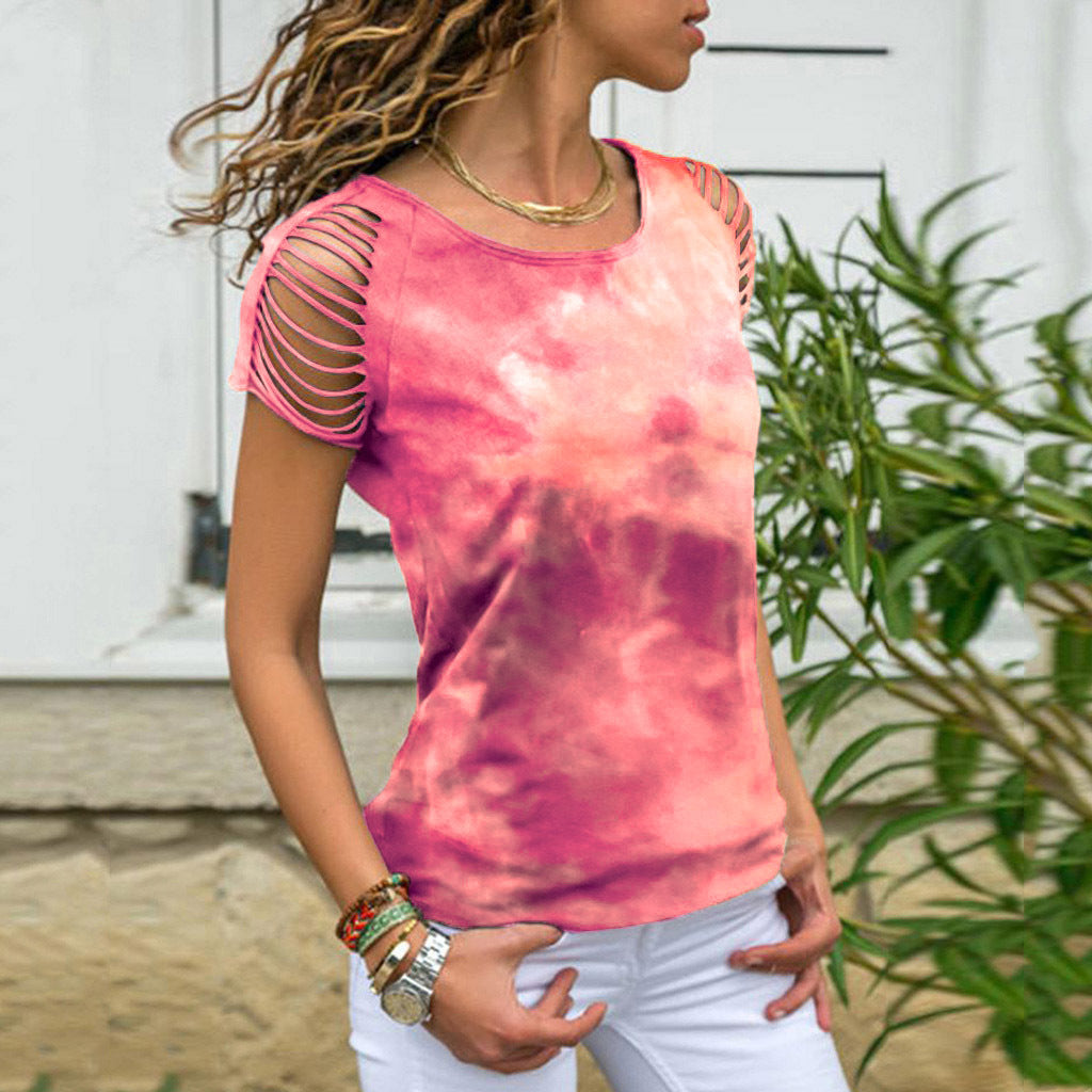 Women's Summer Tie-dyed Hole Burning Flower Off-shoulder Short-sleeved Blouses