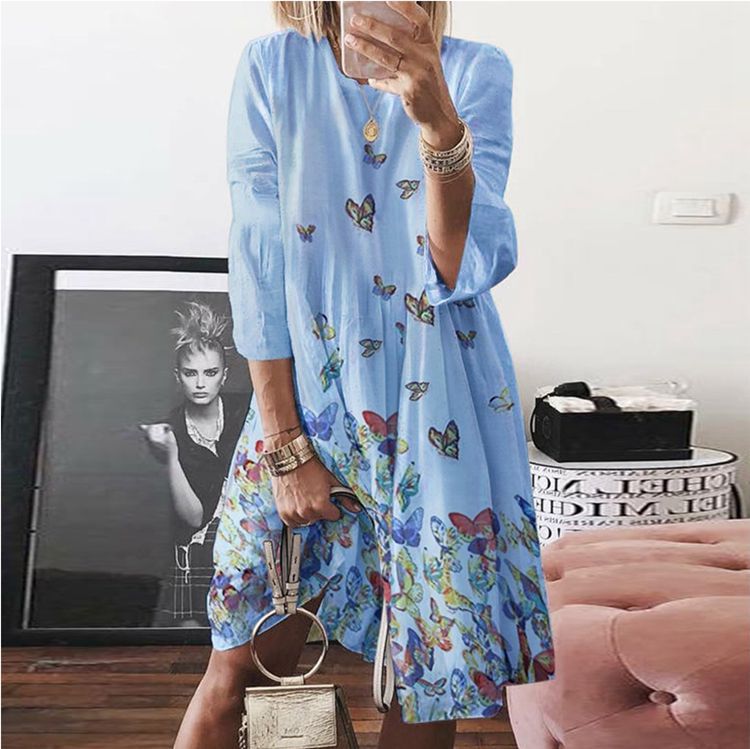 Women's Large Autumn Digital Printed Round Neck Long Dresses