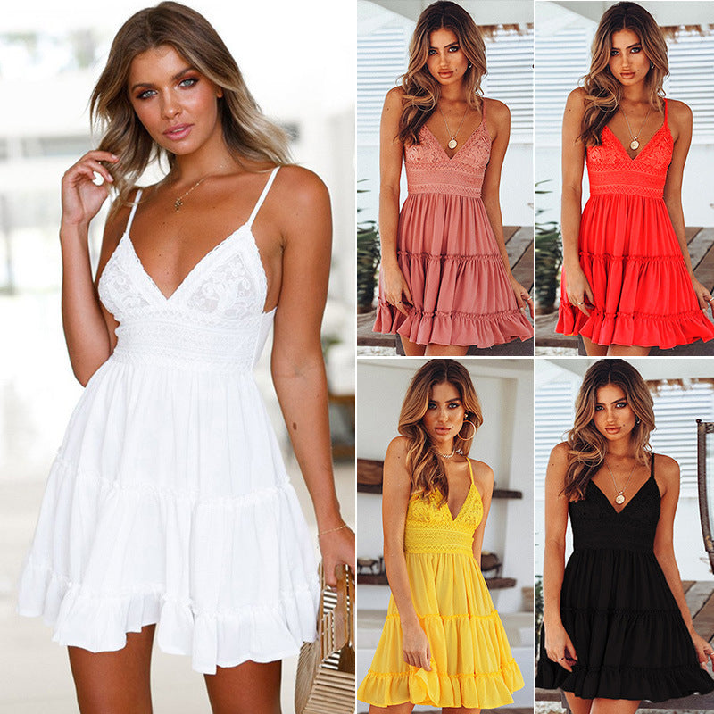 Women's Lace V-neck Strap Stitching Dress Backless Bow Dresses