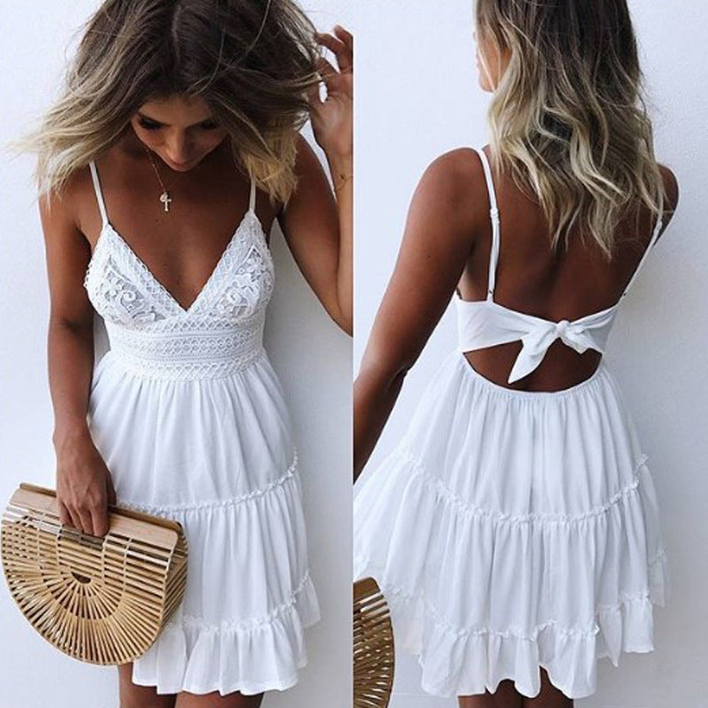 Women's Lace V-neck Strap Stitching Dress Backless Bow Dresses