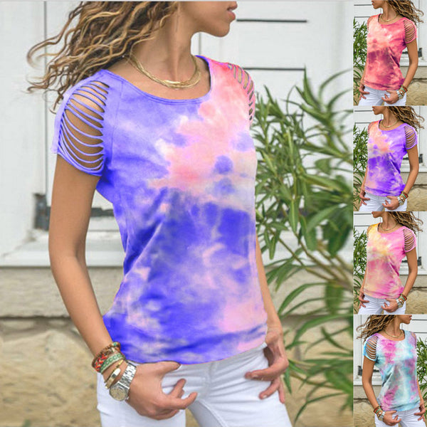 Women's Summer Tie-dyed Hole Burning Flower Off-shoulder Short-sleeved Blouses