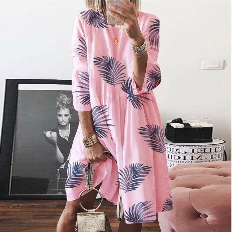 Women's Large Autumn Digital Printed Round Neck Long Dresses