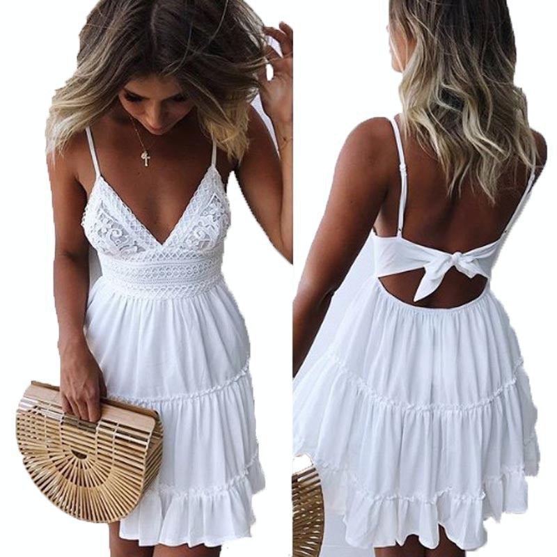 Women's Lace V-neck Strap Stitching Dress Backless Bow Dresses