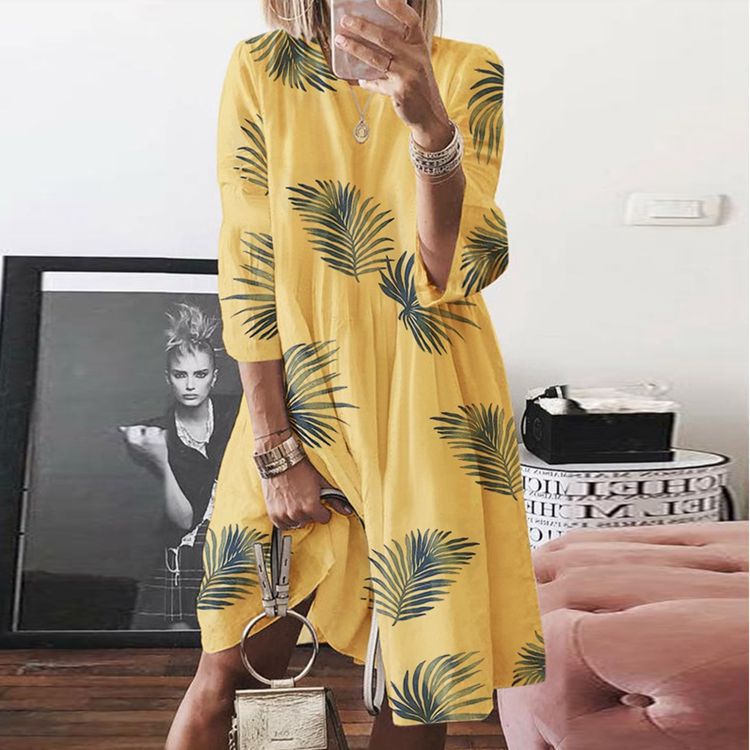 Women's Large Autumn Digital Printed Round Neck Long Dresses