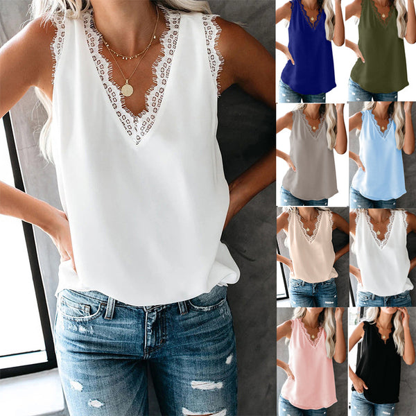 Women's Summer V-neck Eyelash Sleeveless Loose Tops