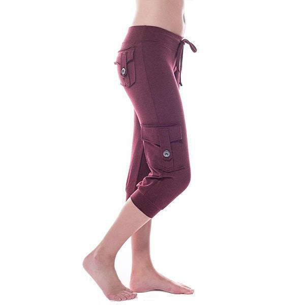 Stretch Waist Button Pocket Yoga Cropped Pants