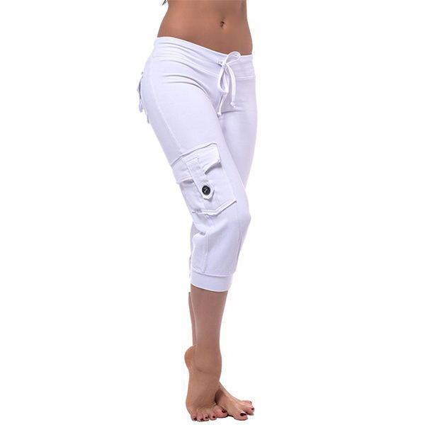 Stretch Waist Button Pocket Yoga Cropped Pants