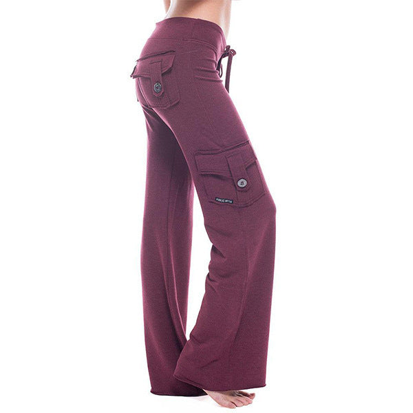 Graceful Elastic Waist Button Pocket Yoga Pants