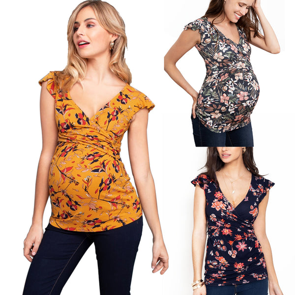 Women's Printed Deep V-neck Cross Breastfeeding Blouses