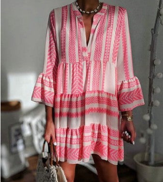 Printed Dress Loose Fashionable V-neck Chiffon Dresses