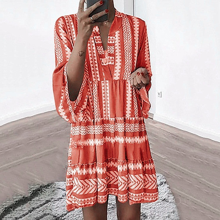 Printed Dress Loose Fashionable V-neck Chiffon Dresses