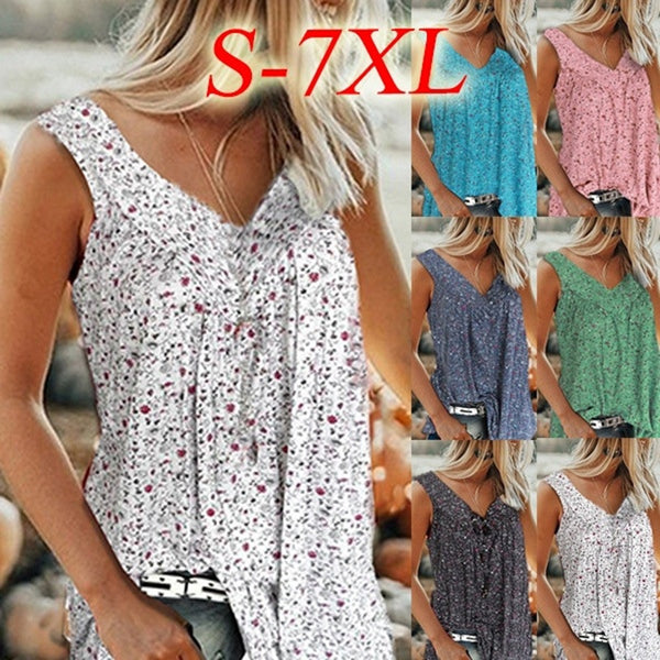 Women's Summer Sleeveless Printed Floral V-neck Casual Blouses