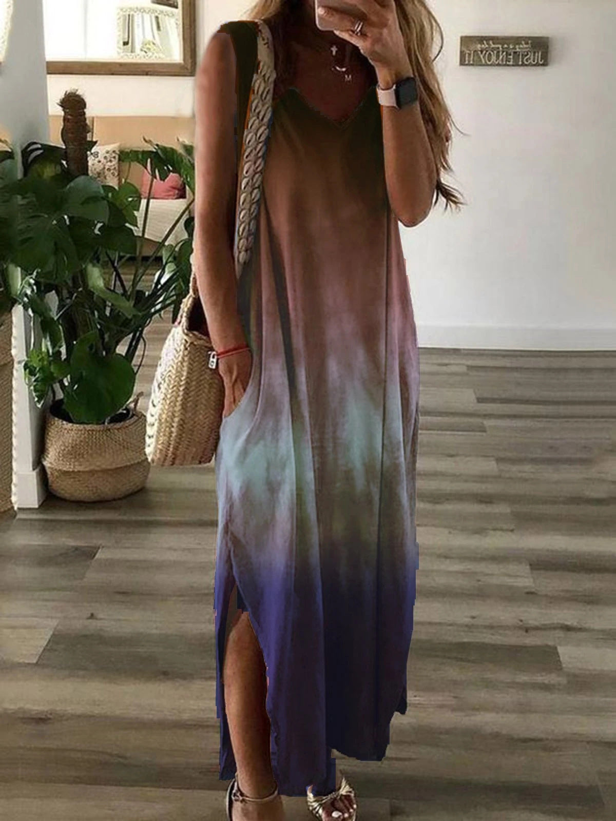 Robes d'été sans manches pour femmes, col en v, dégradé, imprimé Tie-dye