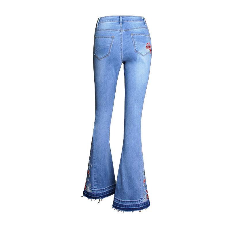 Women's Wide-leg Denim Bell-bottom Flower Embroidery Trousers Jeans