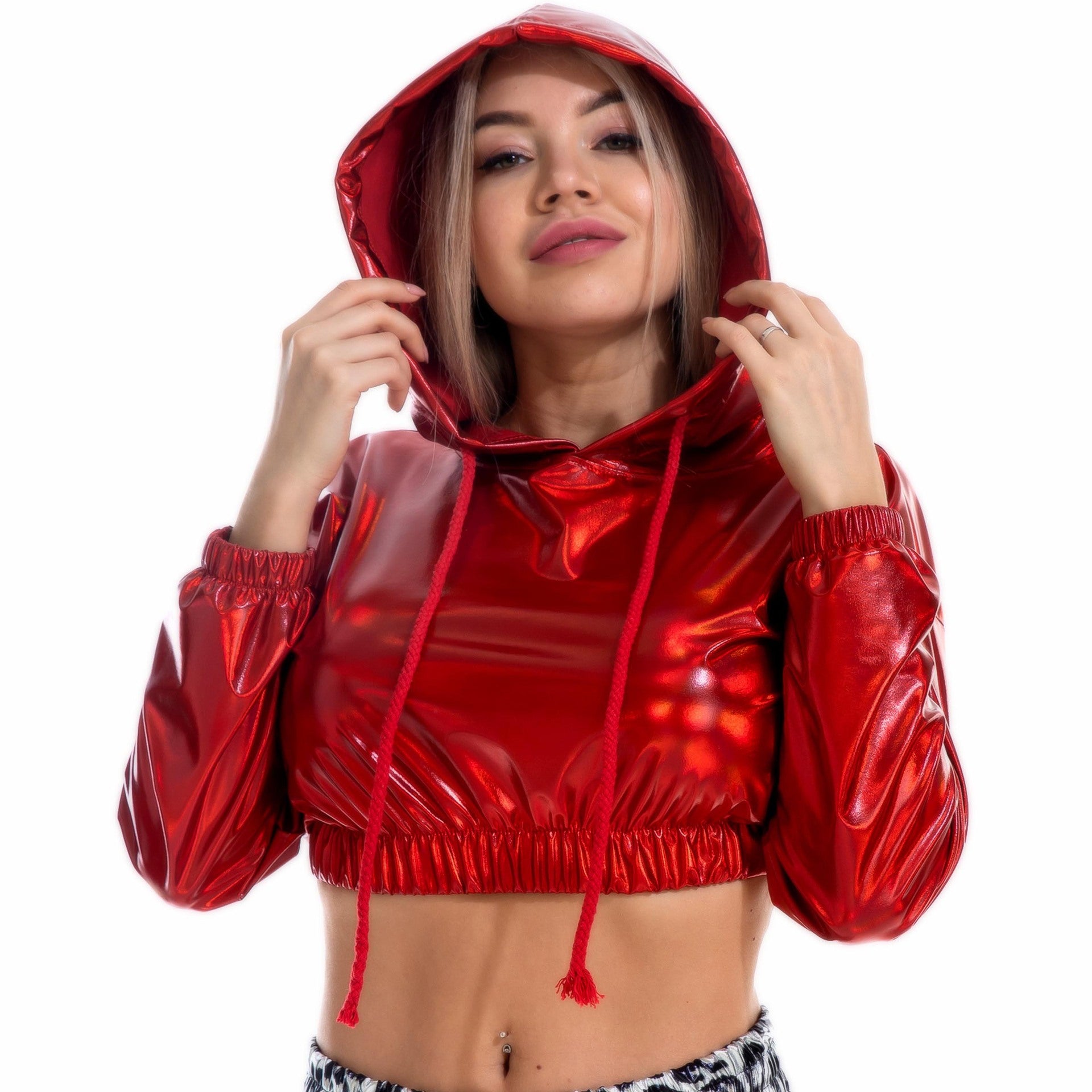 Bright Leather Sexy Midriff-baring Long Sleeve Hooded Sweaters