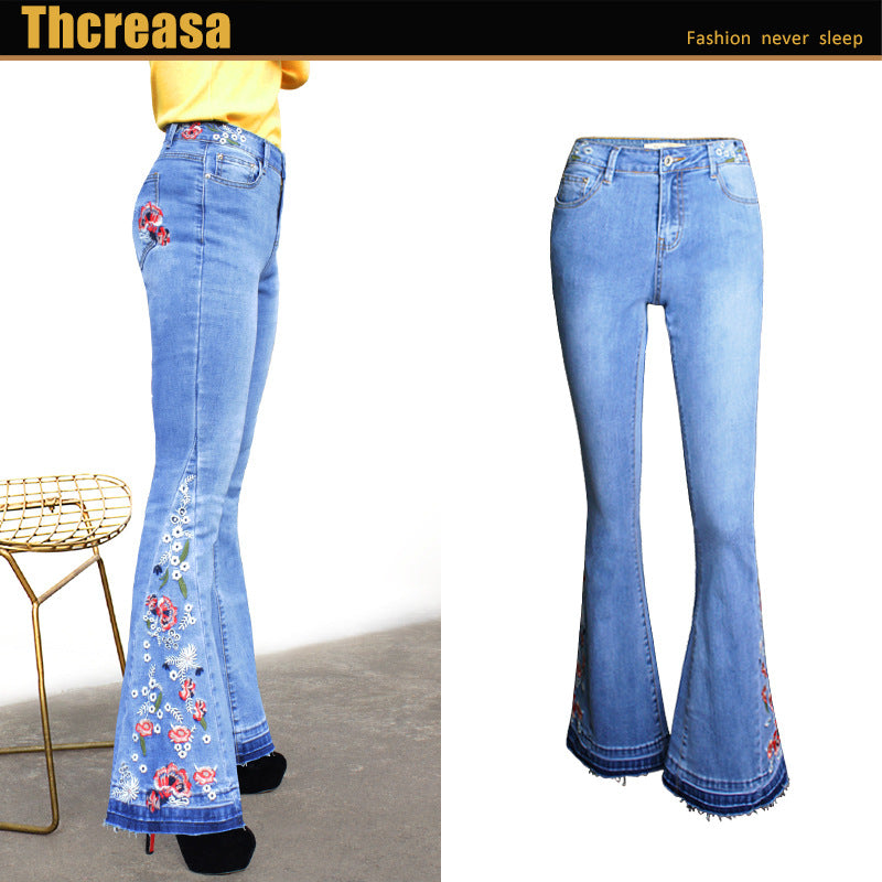 Women's Wide-leg Denim Bell-bottom Flower Embroidery Trousers Jeans
