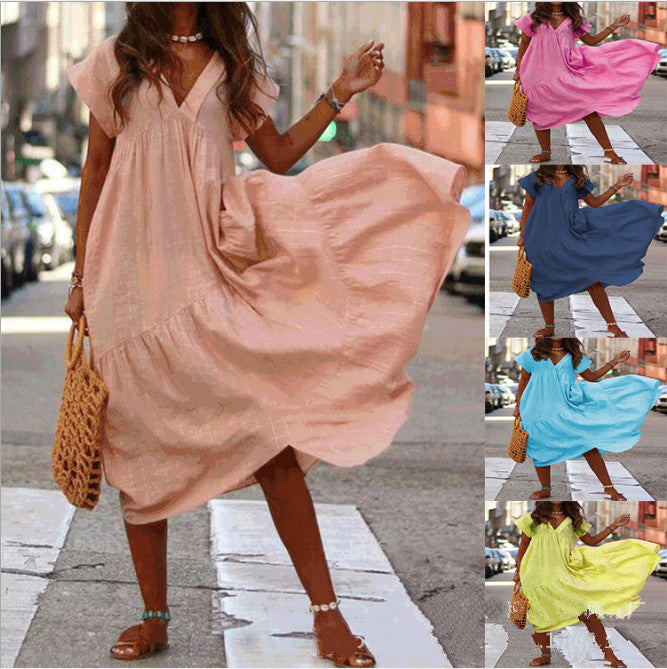 Summer V-neck Irregular Multi-color Long Large Hem Dresses
