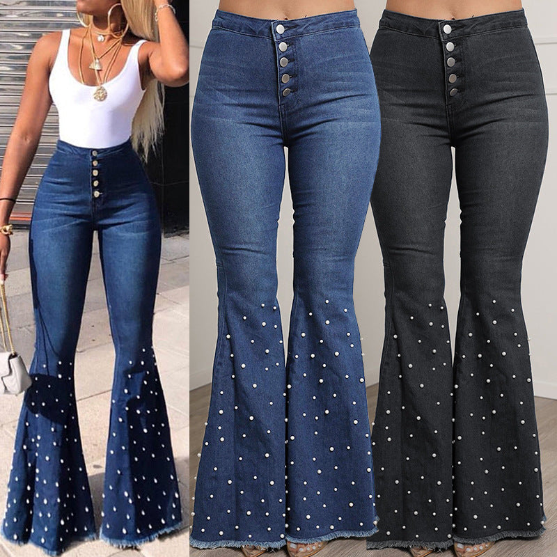 Beautiful Classic Stretch Casual Beaded Bell-bottom Jeans