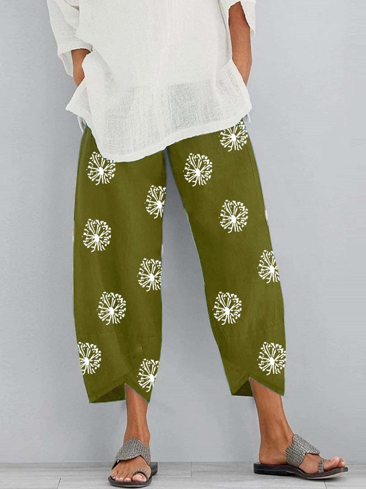 Women's Loose Dandelion Print Elastic Waist Dungarees Pants