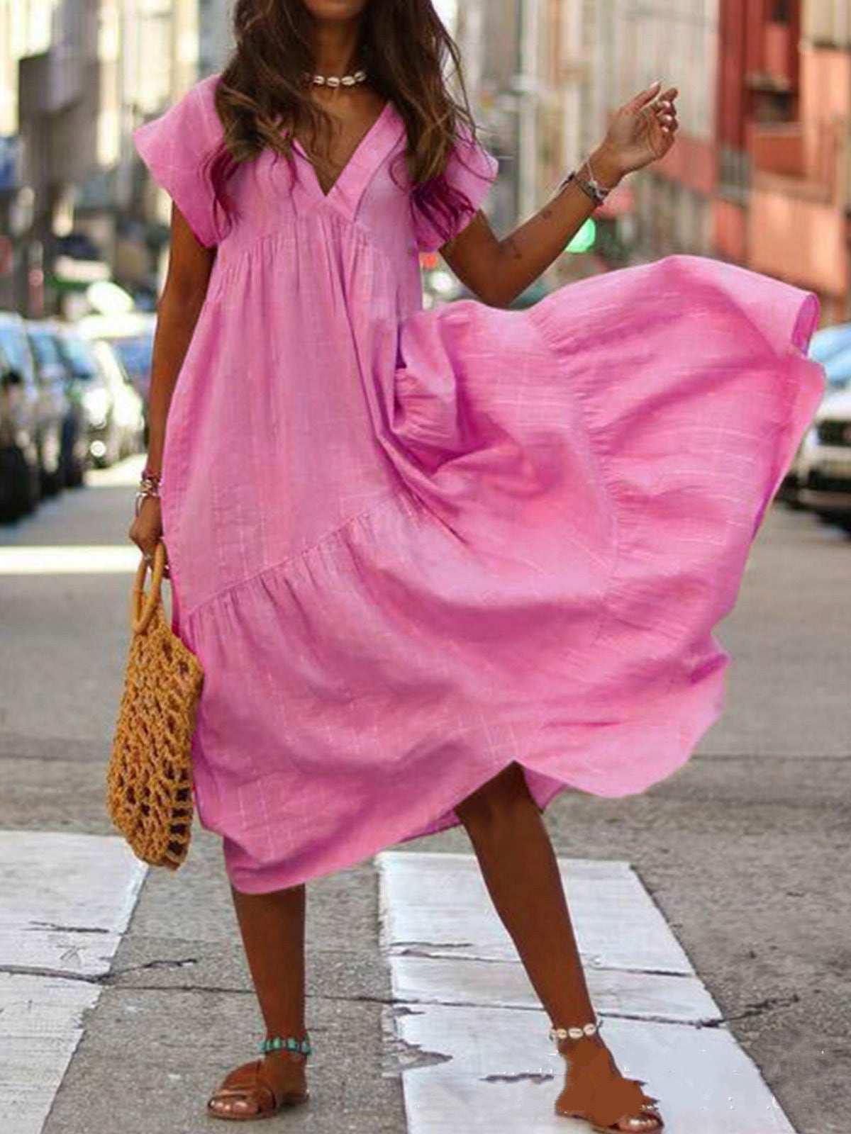 Summer V-neck Irregular Multi-color Long Large Hem Dresses