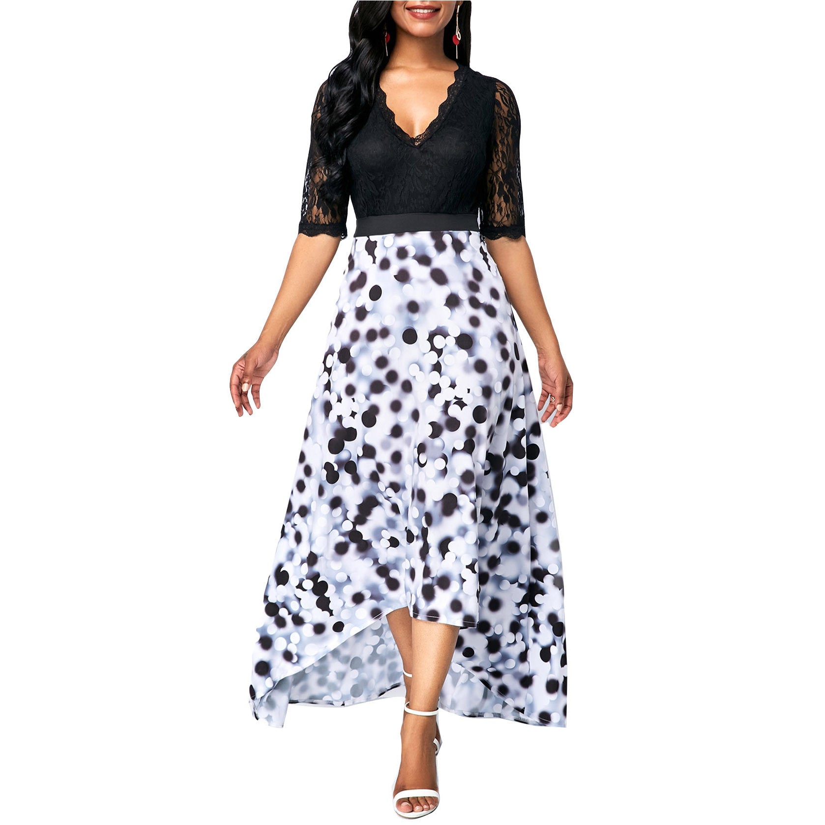 V-collar Dot Printed Lace Patchwork Waist-slimming Irregular Dresses