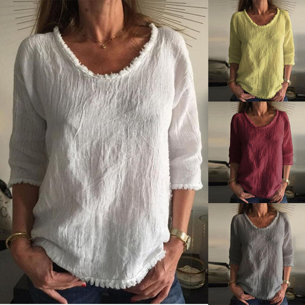 Women's Round Neck Long Sleeve Cotton T-shirt Blouses