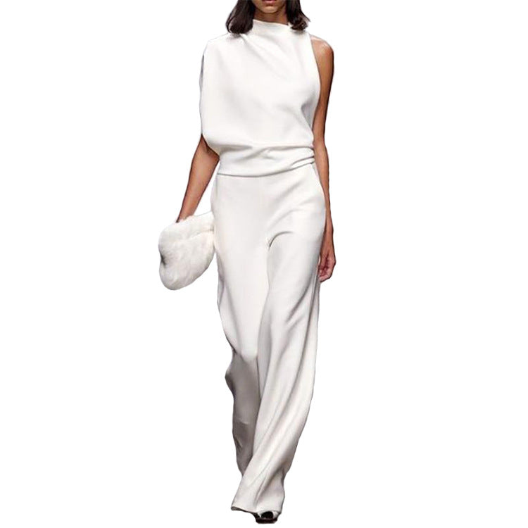 Women's Solid Color One-shoulder Collar Dress Trousers Pants