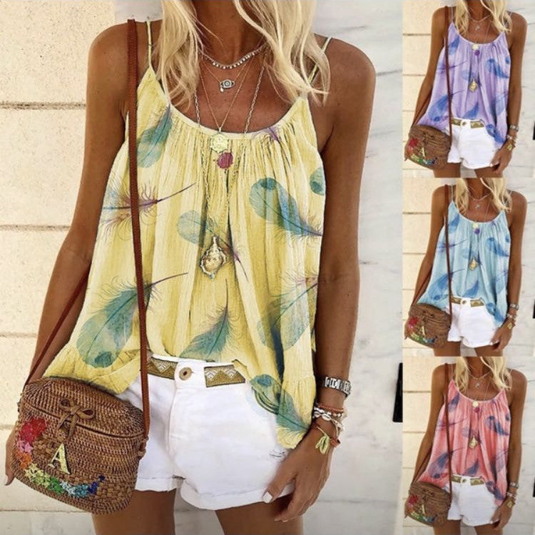 Innovative Women's Loose Feather Print Camisole Tops