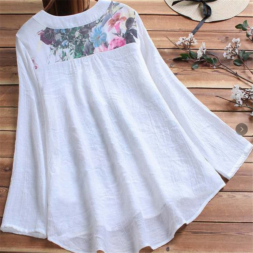 Women's Shirt Elegant Graceful Cotton And Linen Printed Stitching Pullover Blouses