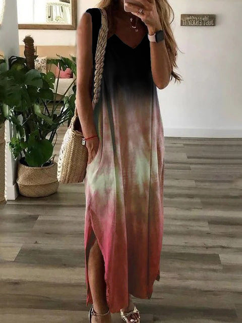 Women's Summer V-neck Gradient Tie-dye Print Sleeveless Dresses