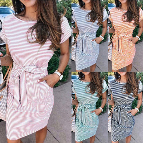 Women's Round Neck Sleeve Striped Dress Shorts