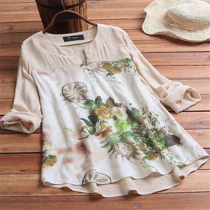 Women's Shirt Elegant Graceful Cotton And Linen Printed Stitching Pullover Blouses