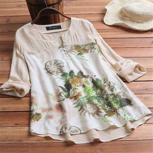 Women's Shirt Elegant Graceful Cotton And Linen Printed Stitching Pullover Blouses