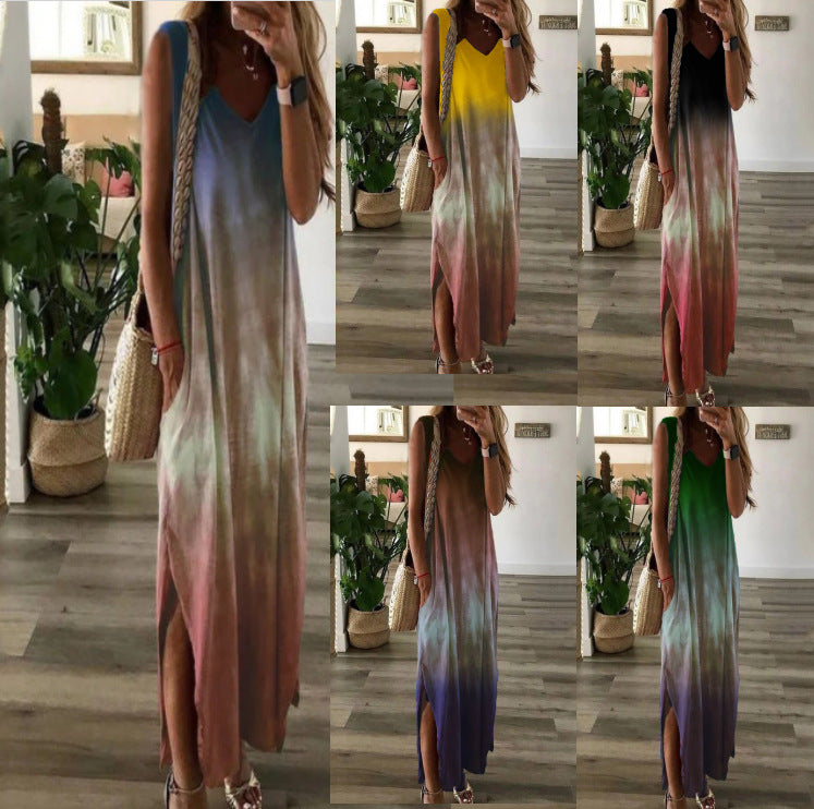 Women's Summer V-neck Gradient Tie-dye Print Sleeveless Dresses