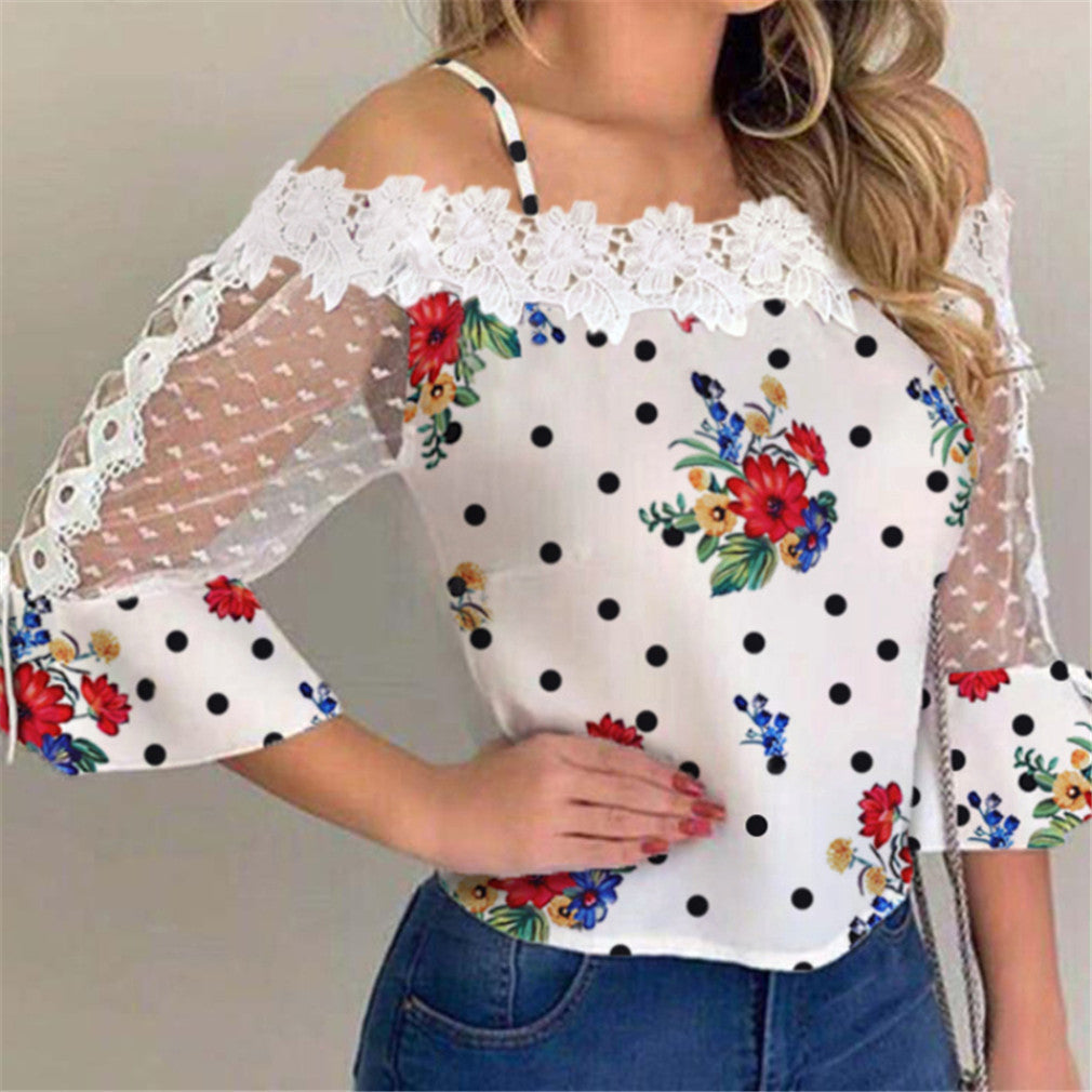 Pretty Classy Spot Printed Mesh Splicing Blouses