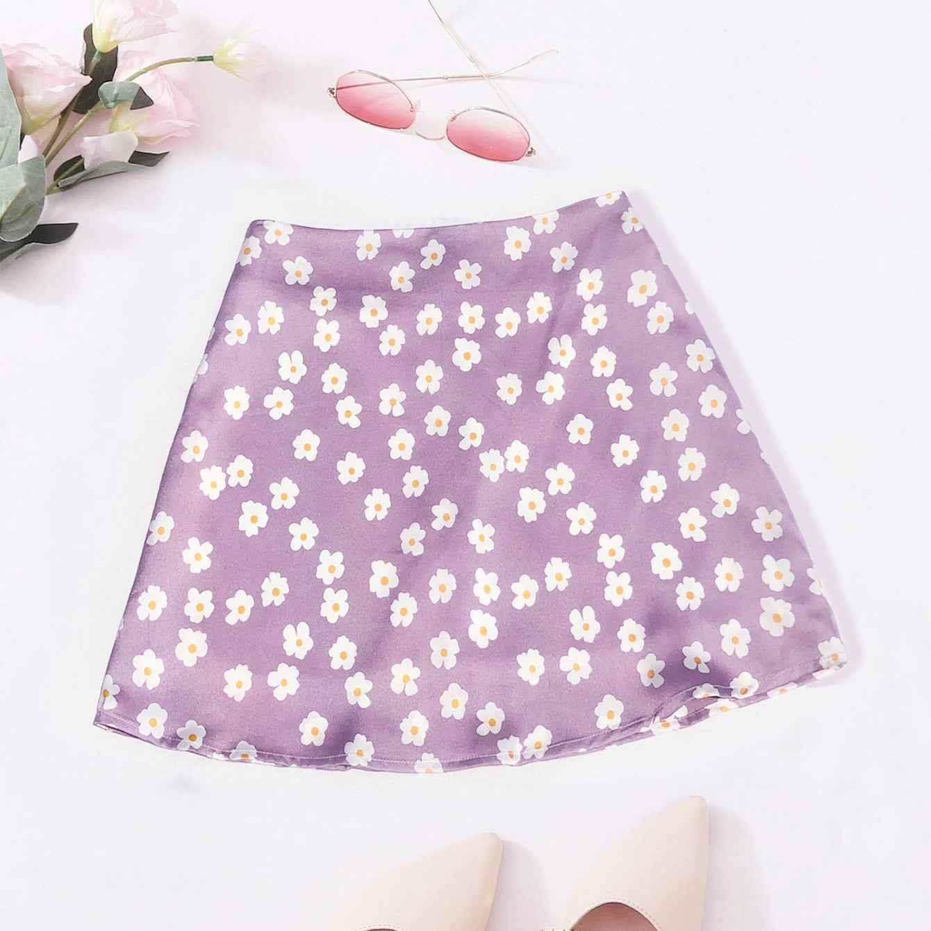 Women's High Waist Satin Printed Pink Small Flower Skirts