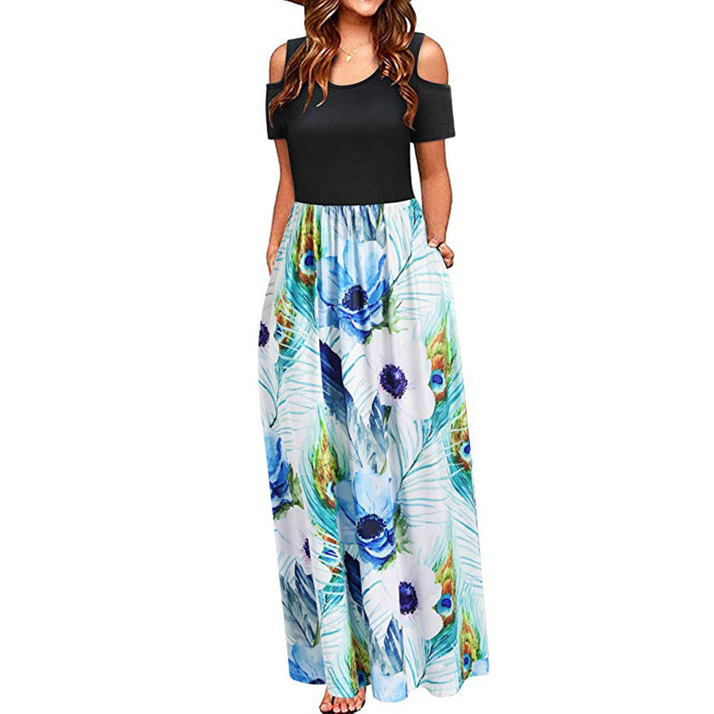 Round Neck Off-the-shoulder Color Printed Elegant Long Dresses