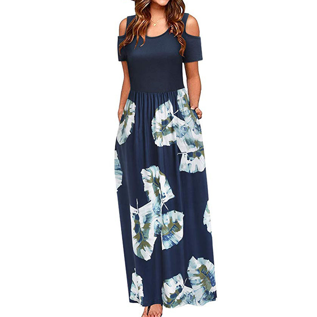 Round Neck Off-the-shoulder Color Printed Elegant Long Dresses