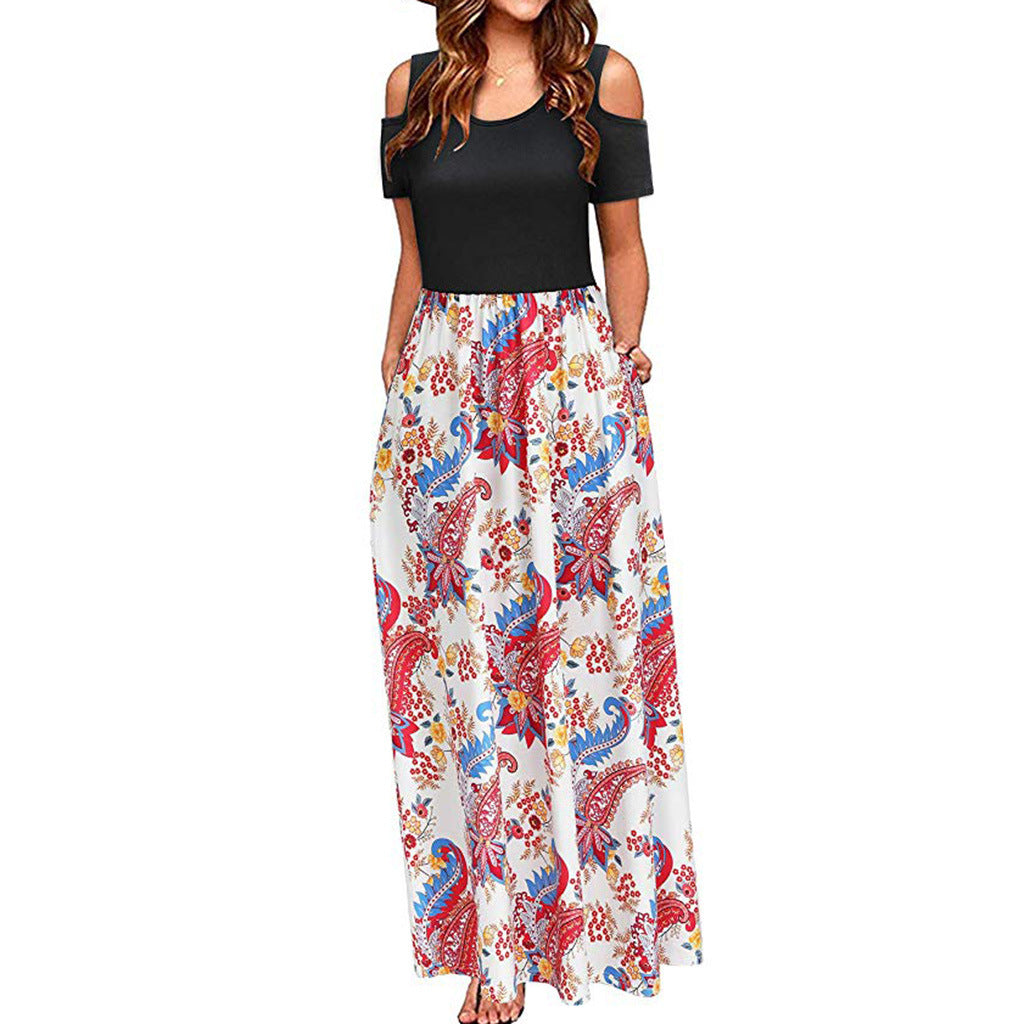 Round Neck Off-the-shoulder Color Printed Elegant Long Dresses