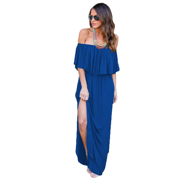 Elegant Ruffled Off-shoulder Long Slip-on Slit Dresses