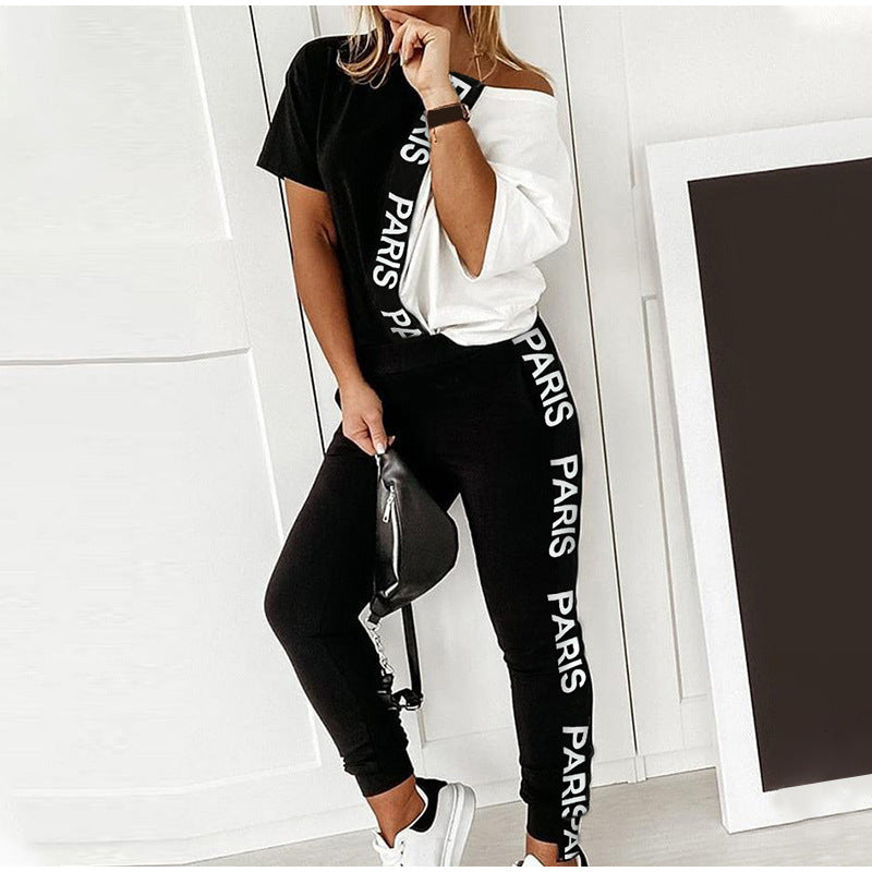 Women's Summer Black White Letters Printing Color Suits